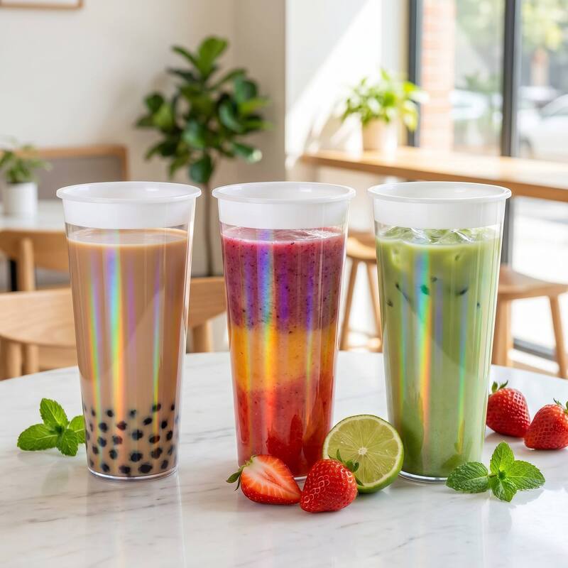 Προσαρμοσμένο λογότυπο IML Injection Molded Coffee Cup – Rainbow Film Plastic Beverage Cups with Καπάκια, μιας χρήσης
