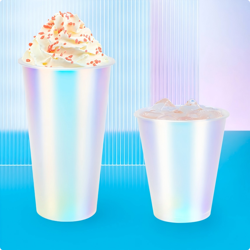 Προσαρμοσμένο λογότυπο IML Injection Molded Coffee Cup – Rainbow Film Plastic Beverage Cups with Καπάκια, μιας χρήσης