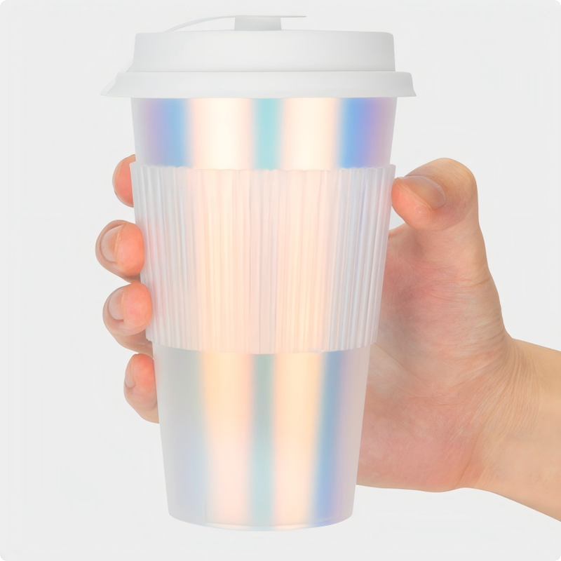 Προσαρμοσμένο λογότυπο IML Injection Molded Coffee Cup – Rainbow Film Plastic Beverage Cups with Καπάκια, μιας χρήσης